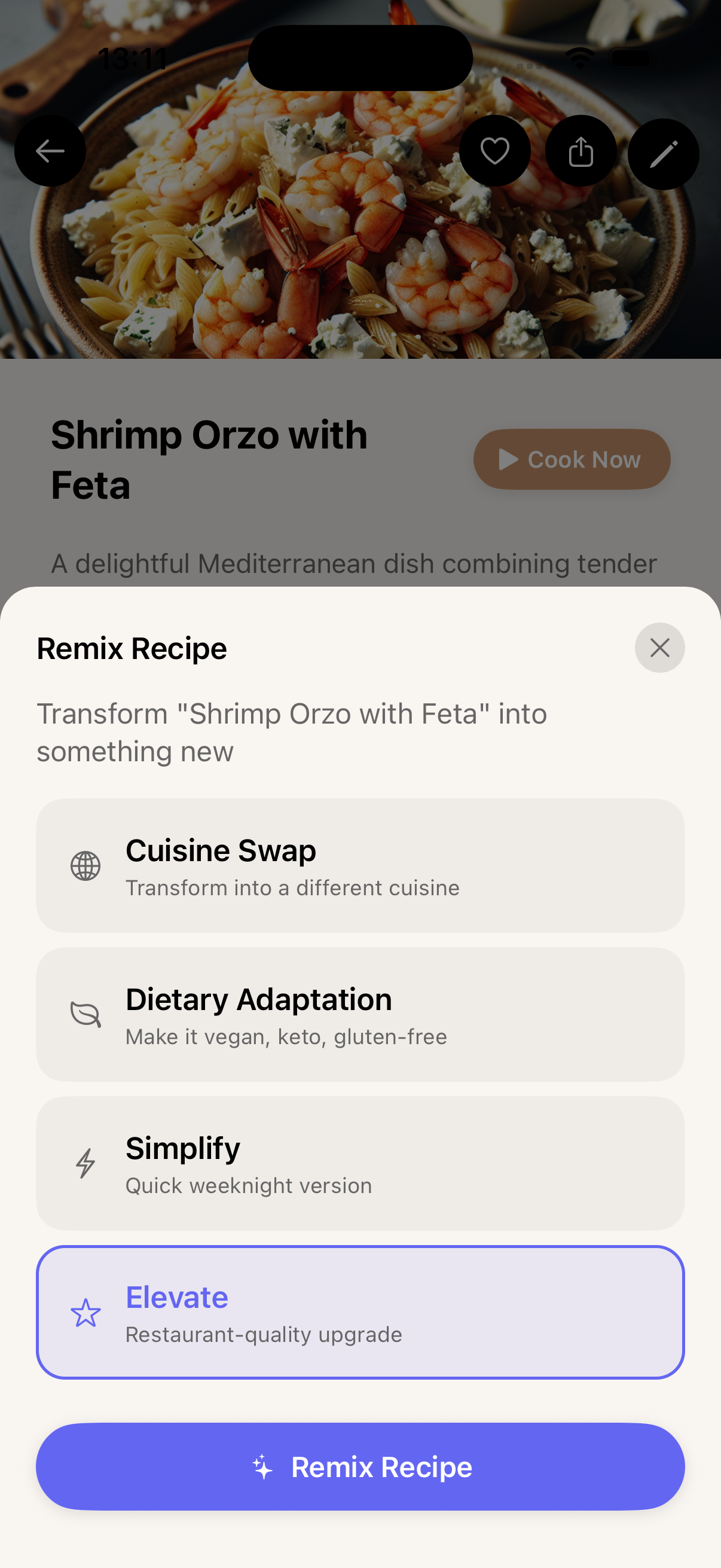 Carbonara app recipe remix options showing cuisine and dietary changes